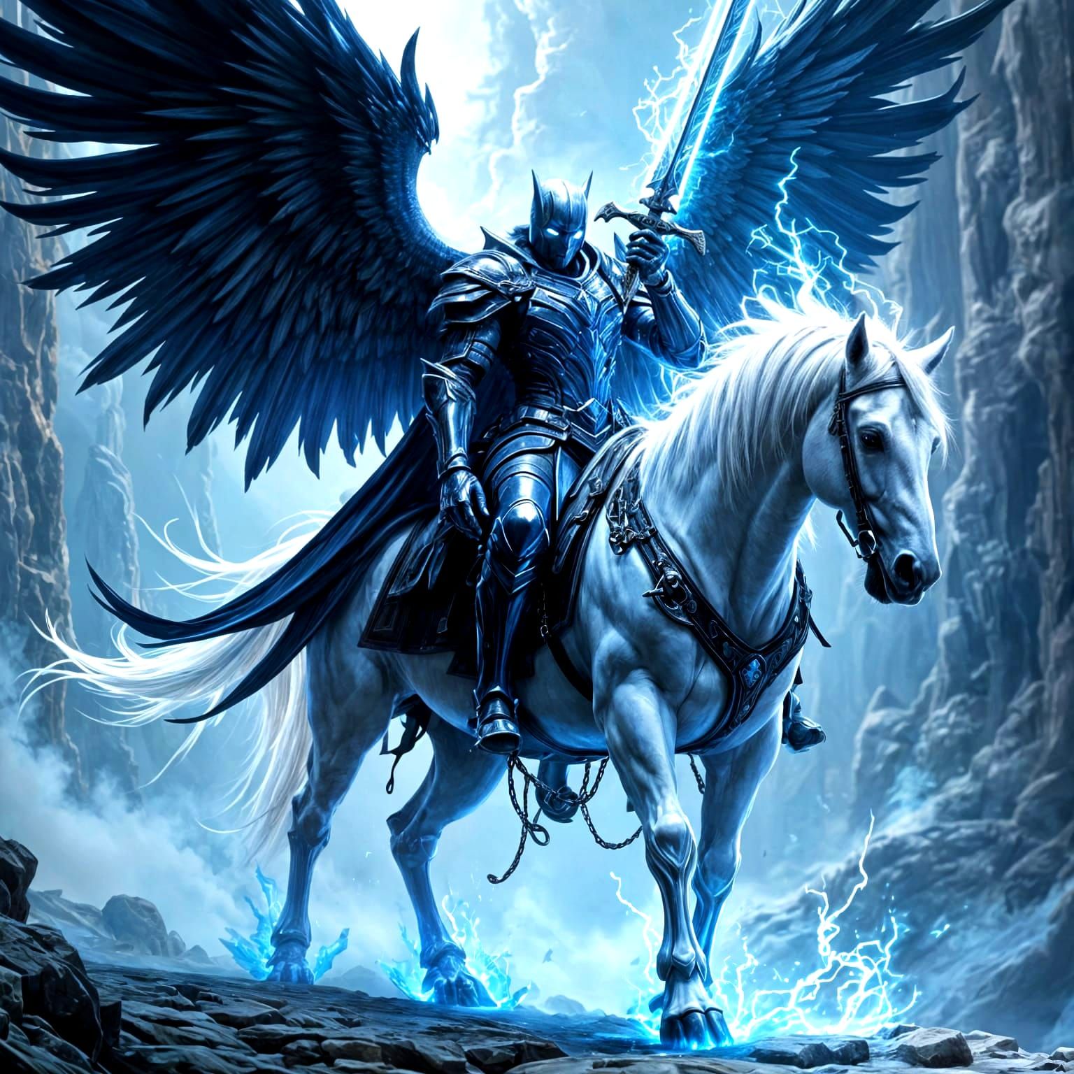Dark Knight with Talon Wings Rides White Steed in Electric S...