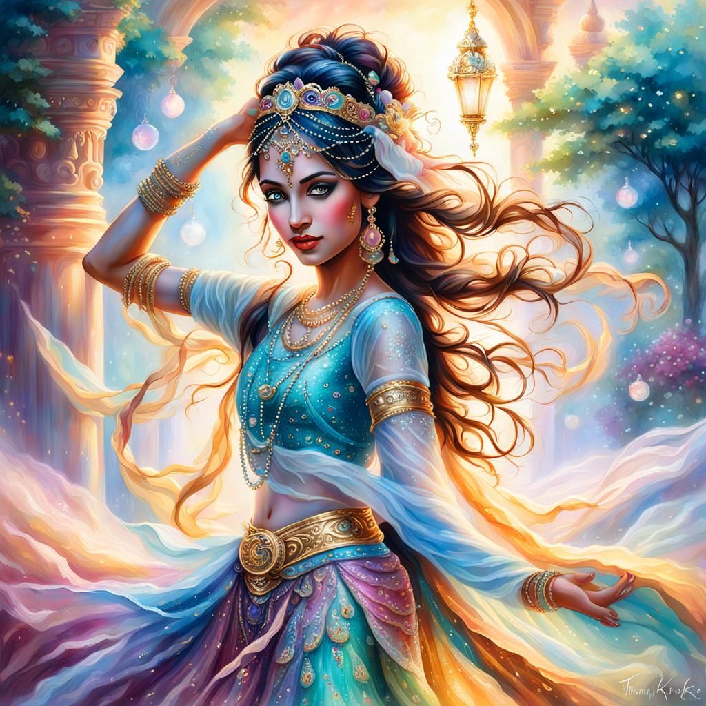 Ornate Belly Dancer in Dreamy, Mystical Scene