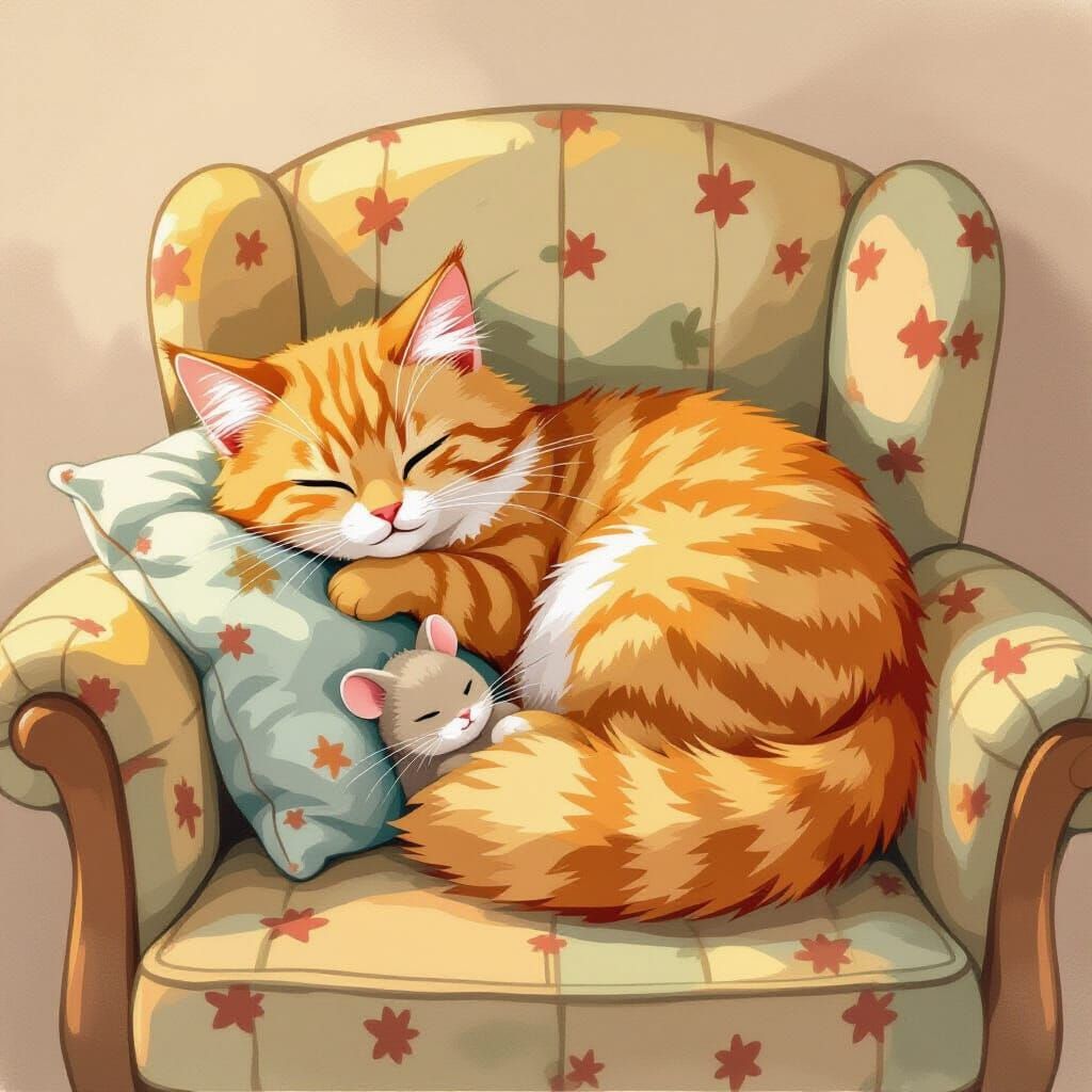 Red Cat Sleeps with Mouse in Fur, Cozy Atmosphere
