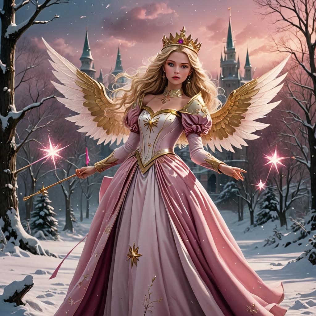 Fantasy Princess with Magic Wand in Snowy Scene