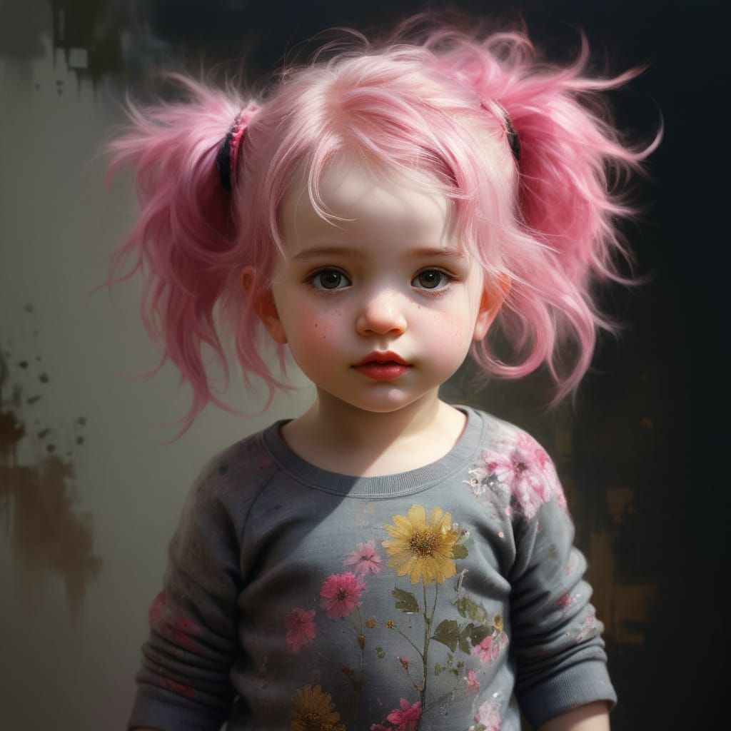 Charming Toddler with Vibrant Pink Hair in Warm Morning Ligh...