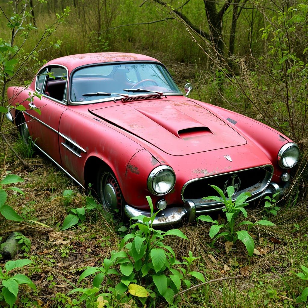 Abandoned Maserati Classic Car in Serene Forest Setting