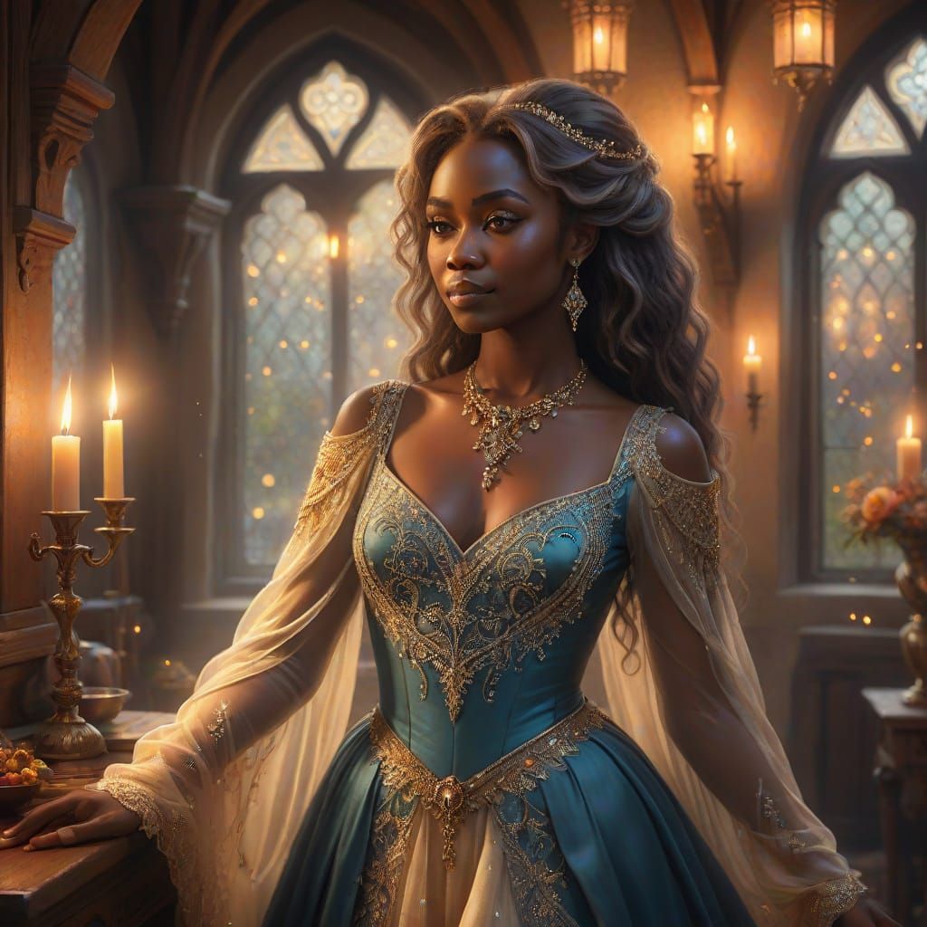 Ethereal African Lady in Tudor Fantasy