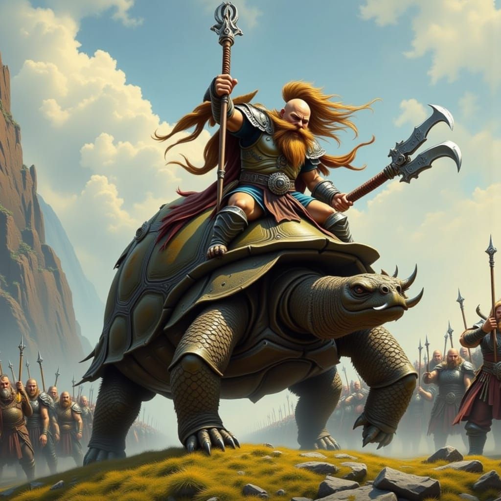Dwarf Commander on Giant Tortoise Leading Army