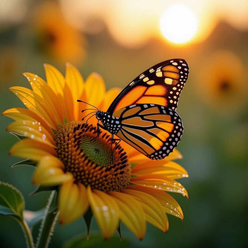 Ethereal Butterfly on Sunflower at Dawn