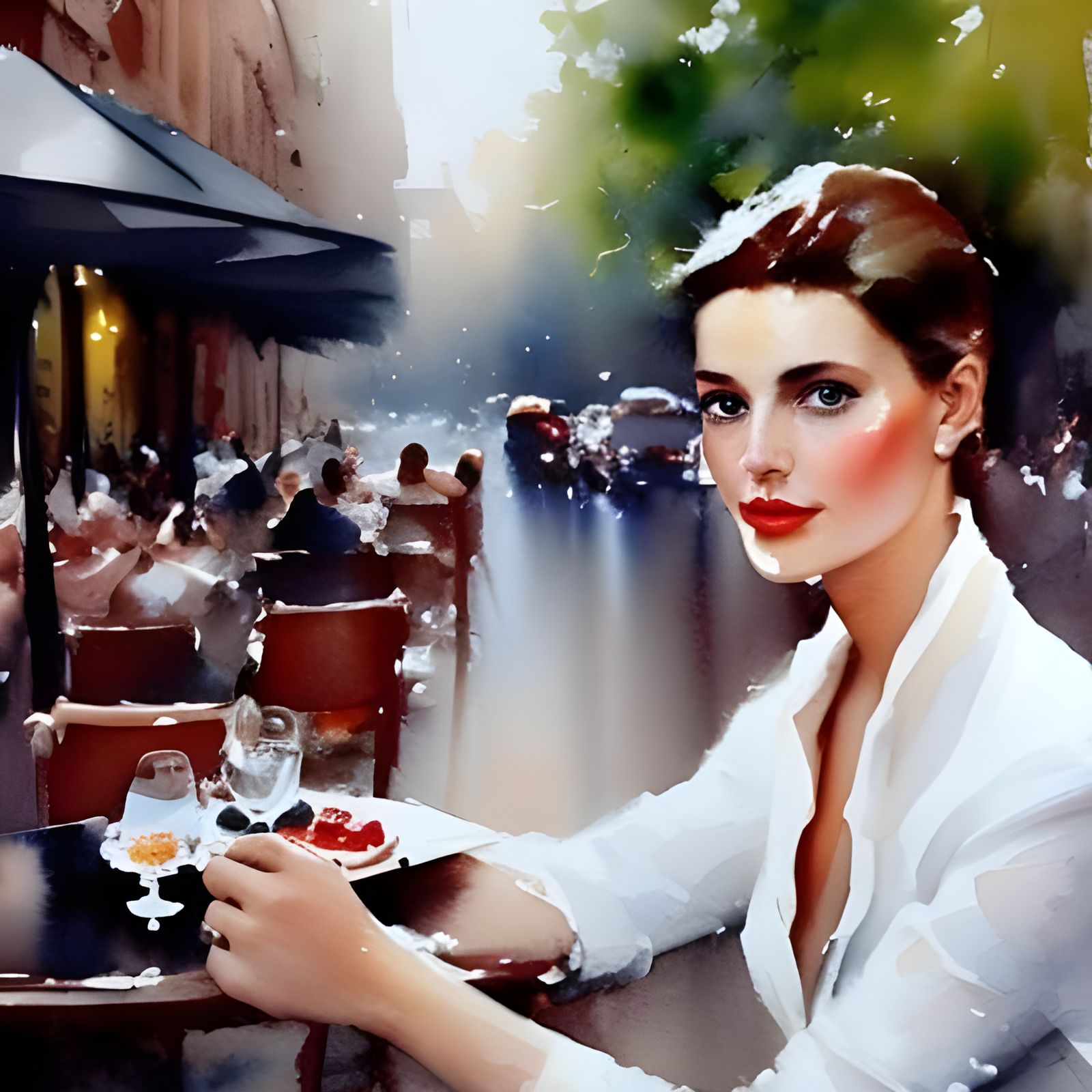 Parisian Cafe Watercolor Portrait of Young Woman