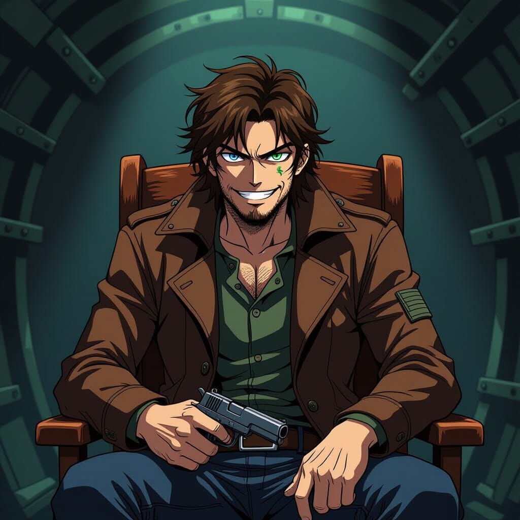 Menacing Anime Character in Dimly Lit Bunker