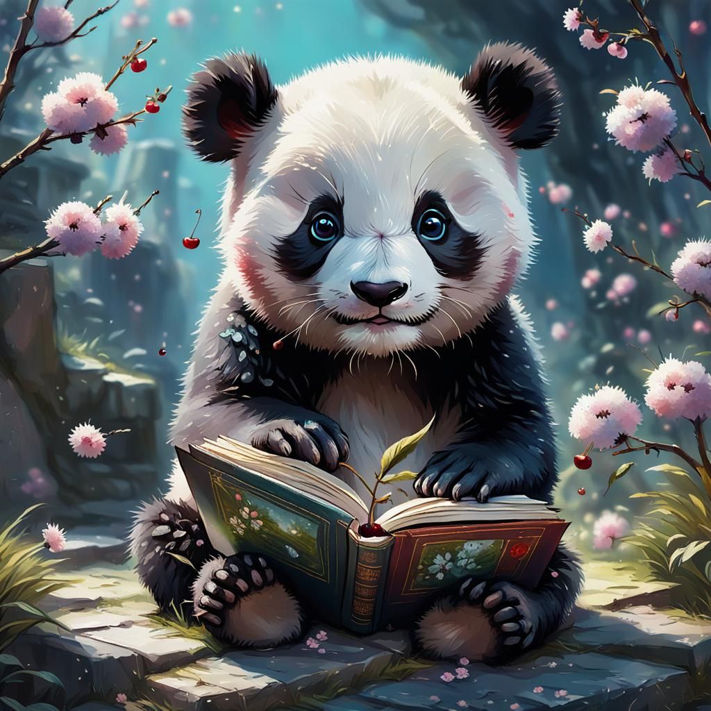 Fluffy Panda with Cherry Flowers: Fantasy Illustration