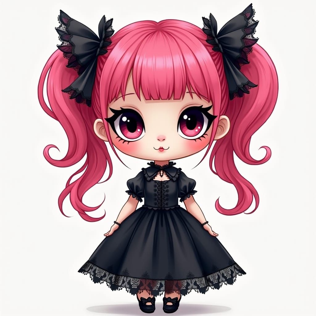 Gothic Chibi Doll with Pink Pigtails in Manga Style