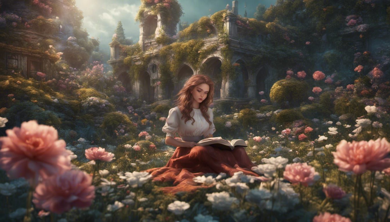 Girl Relaxing in a Secret Flower Garden