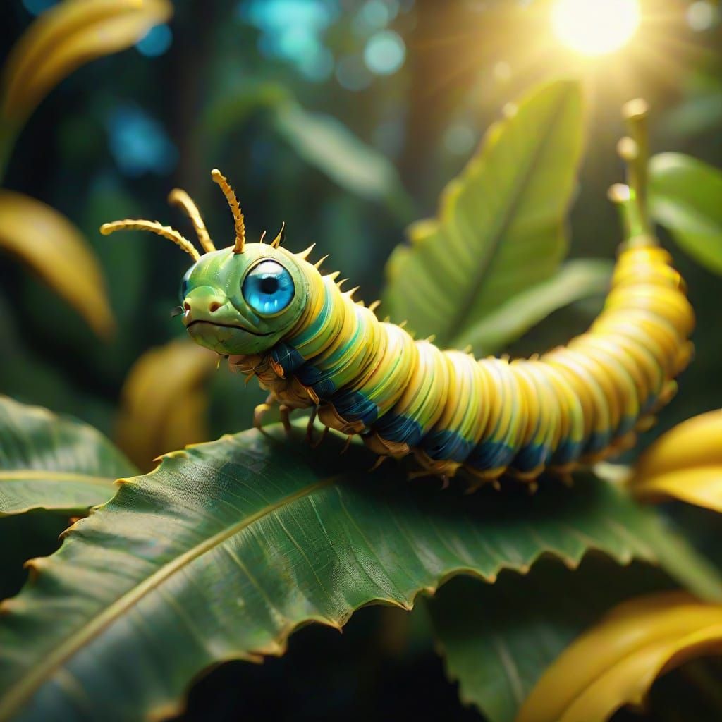Surrealistic Banana Caterpillar in Vibrant, Iridescent Strip...