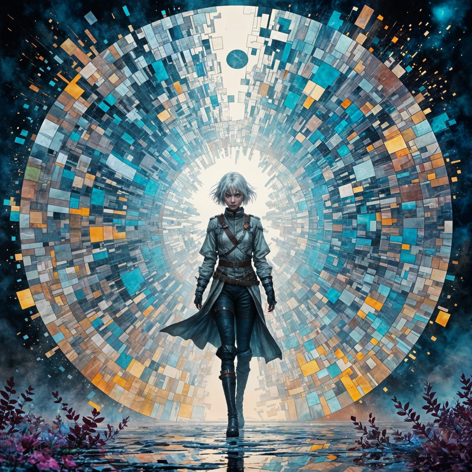 Anime Warrior in Shattered Mandala: A Digital Illustration