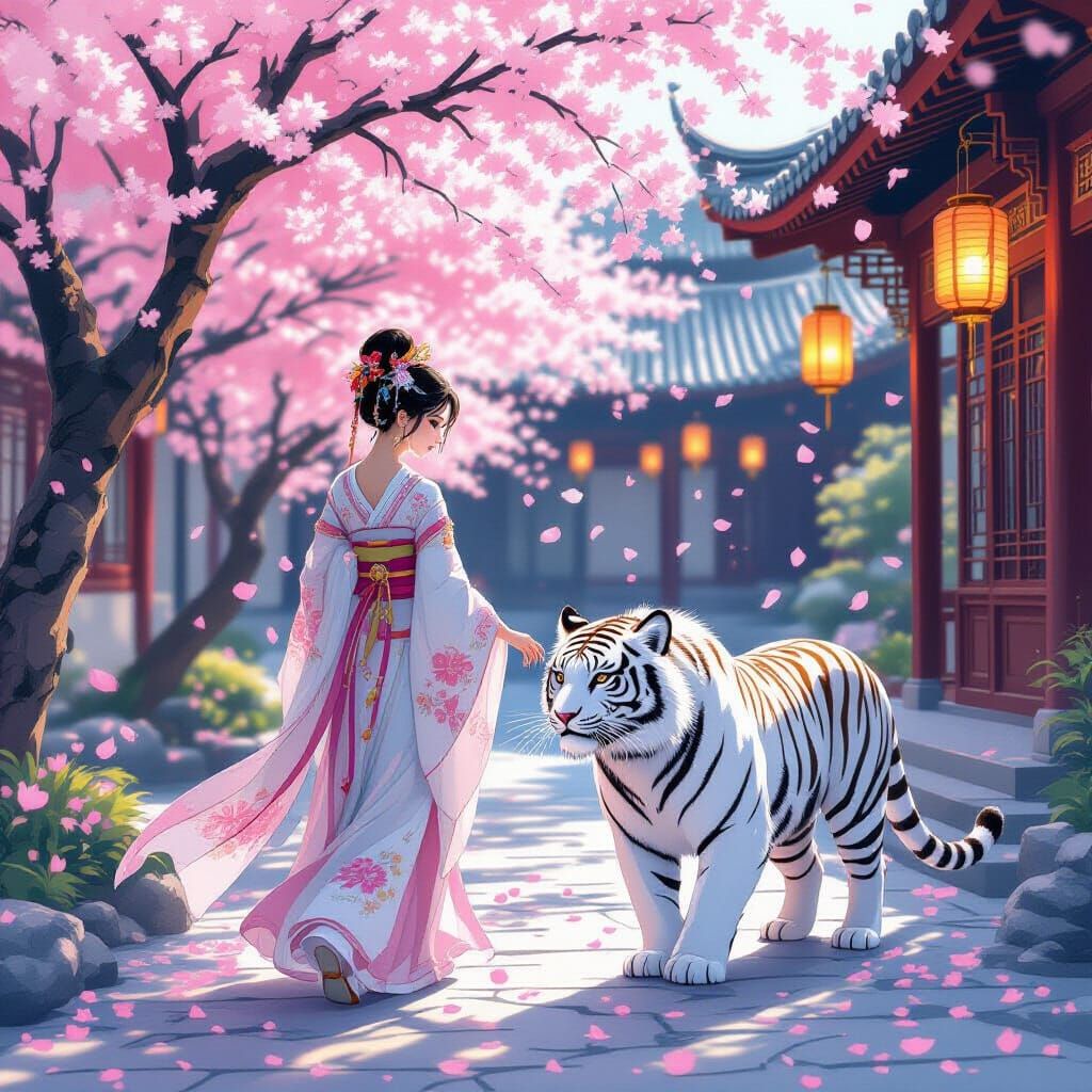 Princess and White Tiger in Cherry Blossom Garden