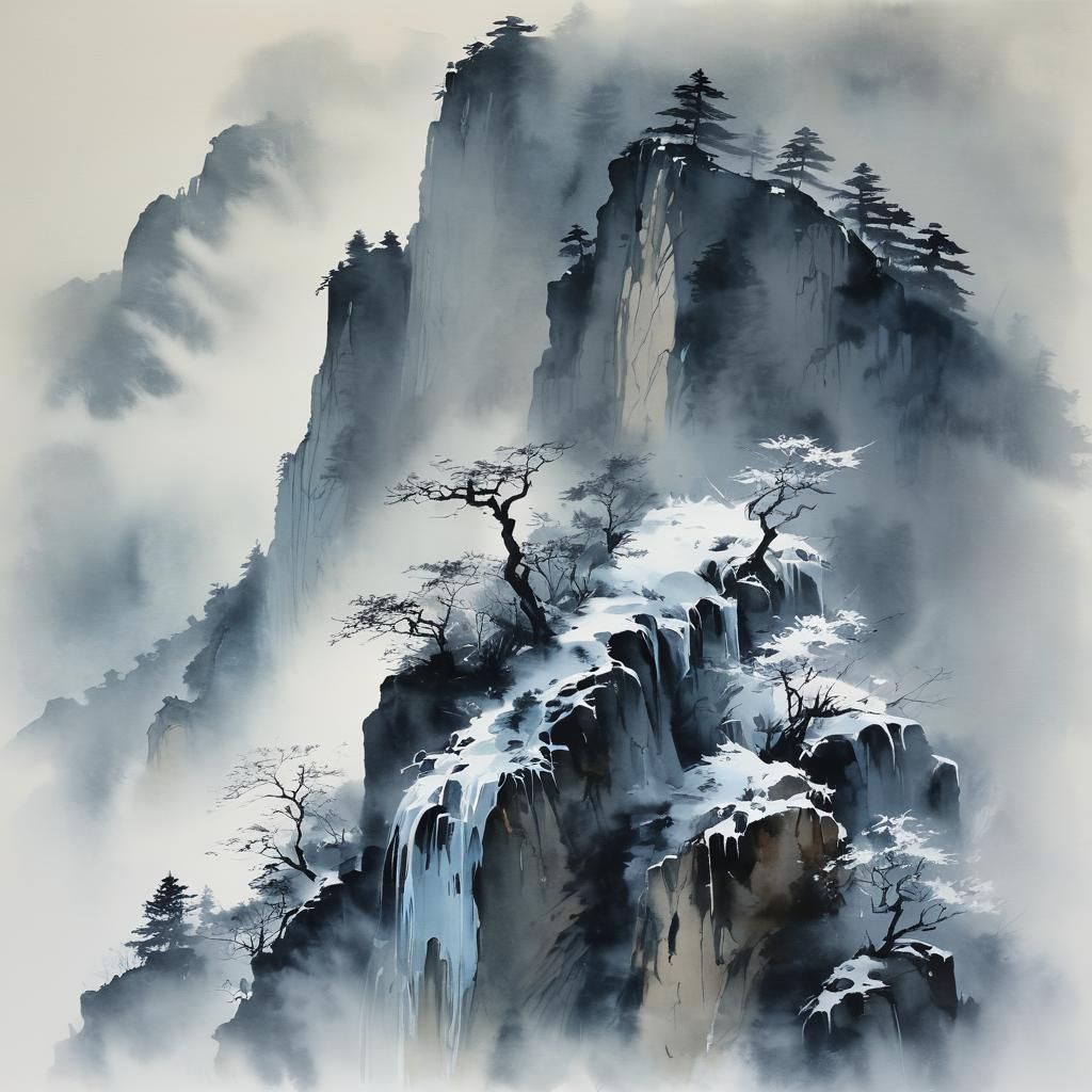 Icy Cliff in Sumi-e Style