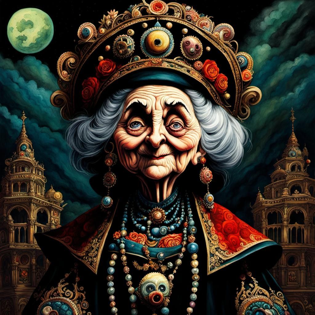 Evil Grandma Watercolor Portrait in Baroque Style