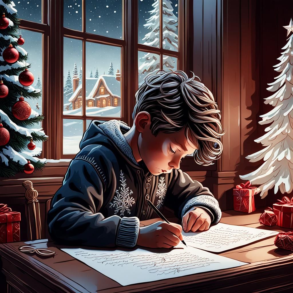 Boy Writes Letter to Santa in Decorated Room