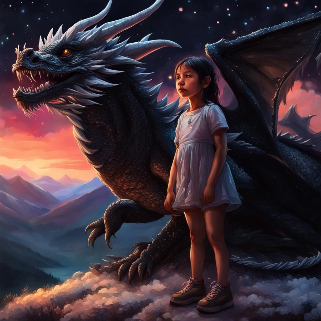 Guardian Dragon Protecting Girl, Hyperrealistic Splash Art