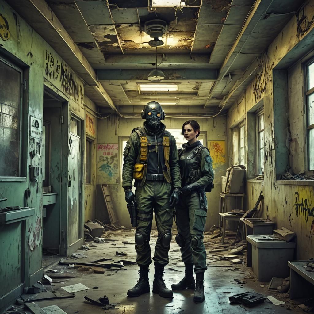 Cyberpunk Couple in Abandoned Building with Soldiers