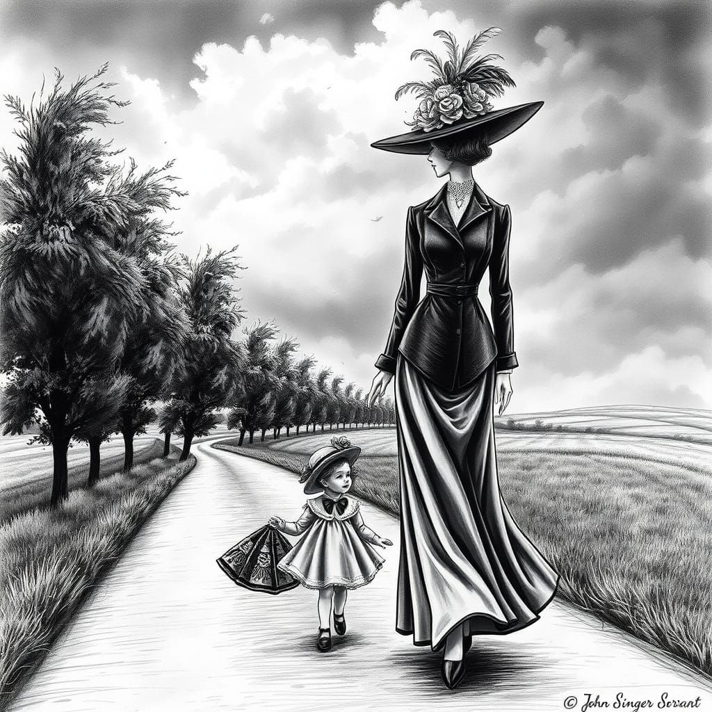 Mother and Daughter Stroll Down a Charcoal Drawing Lane