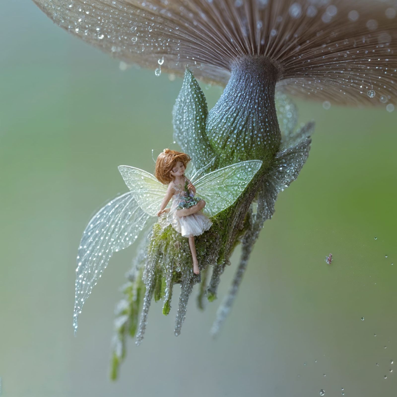 Whimsical Fairy Perched on a Dewy Mushroom