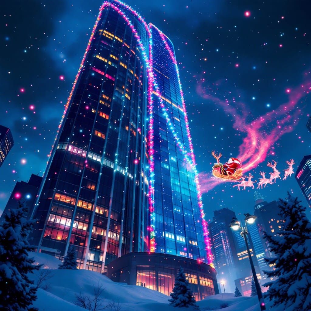 Cyberpunk Christmas Skyscraper with Vibrant Lights and Festi...