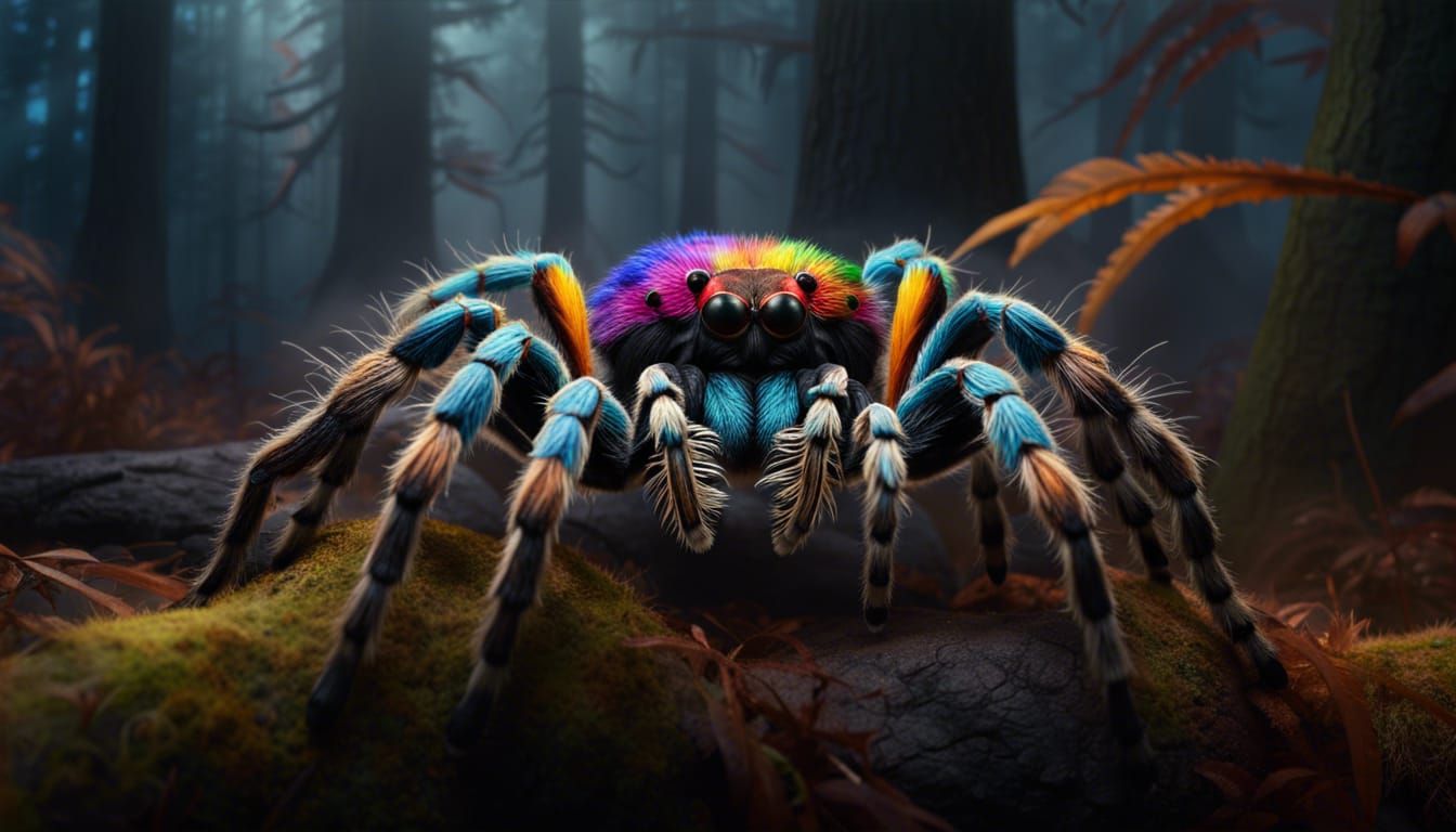 Feathered Multicolored Tarantula About to Strike