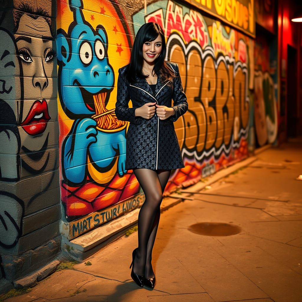 Burlesque Dancer in Graffiti Alley: Photorealistic Style