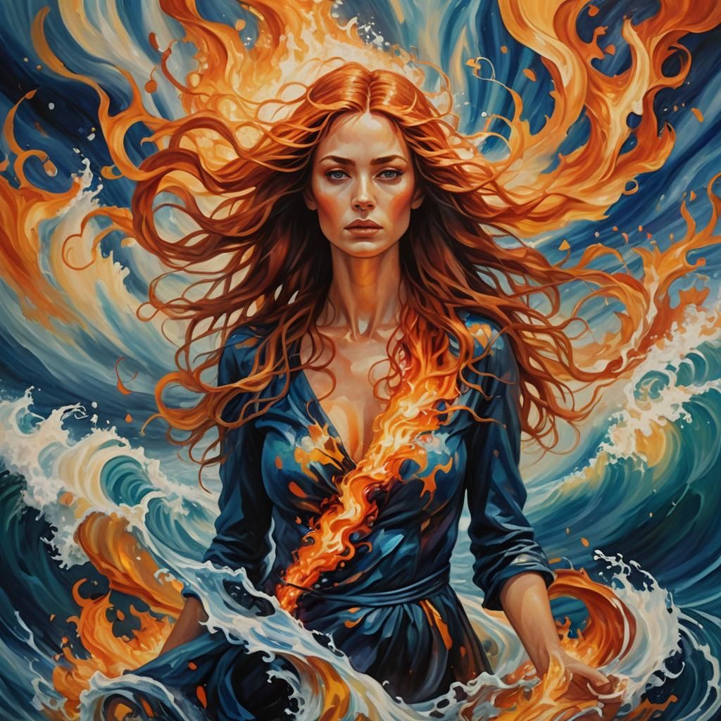 Surreal Woman in Flames and Waves: Oil Painting