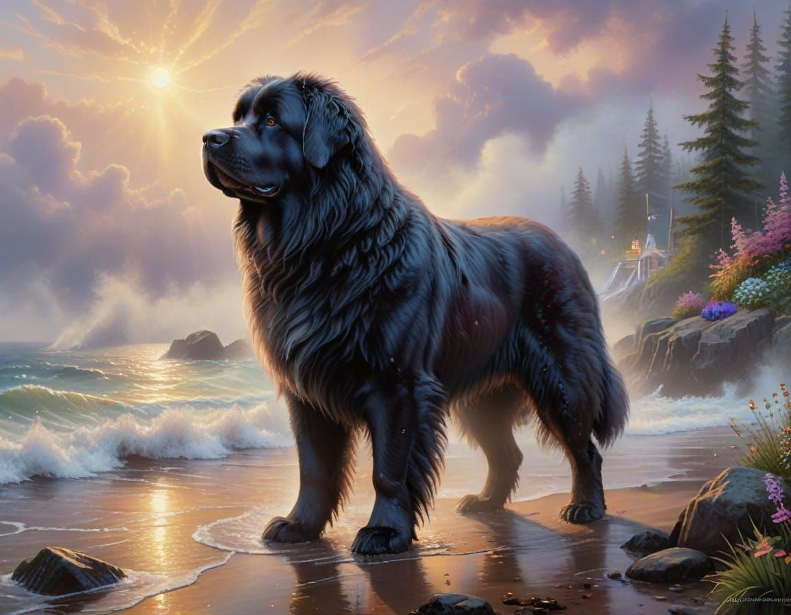 Ethereal Newfoundland Dog in Misty Fantasy Landscape