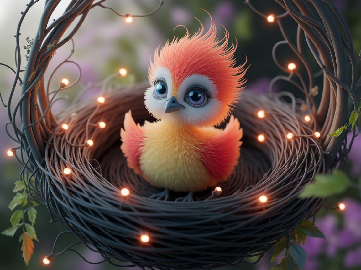 Whimsical Baby Bird in Enchanted Nest