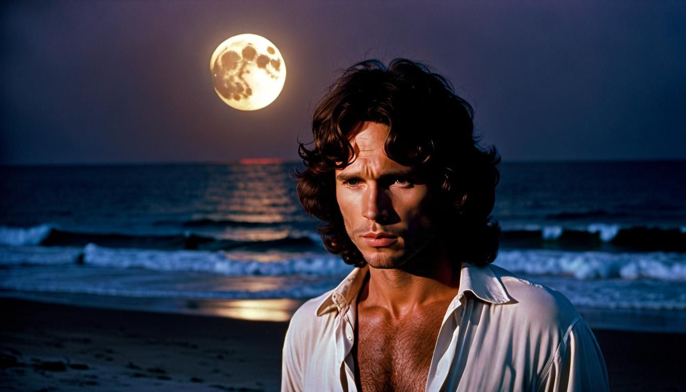 Jim Morrison at the Beach Under Full Moon
