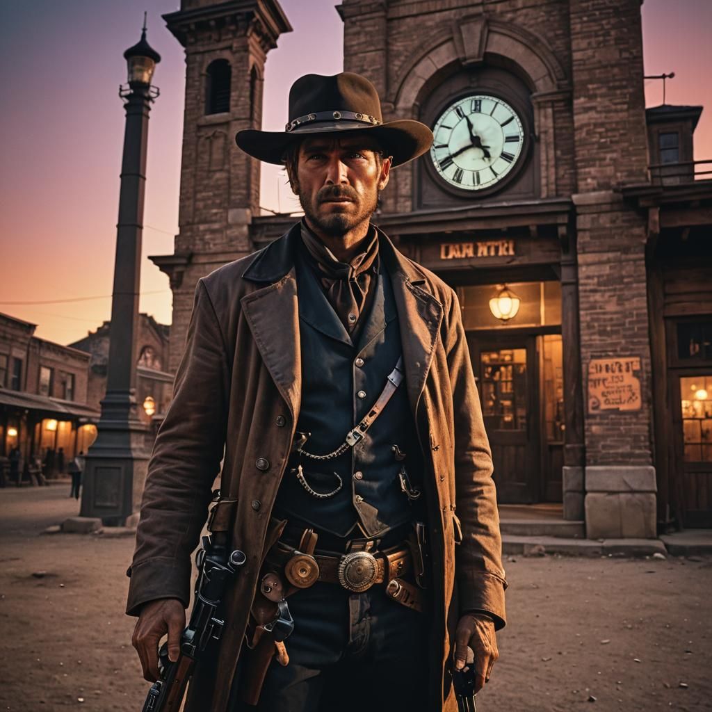 Wild West Outlaw at Sunset in Cinematic Style