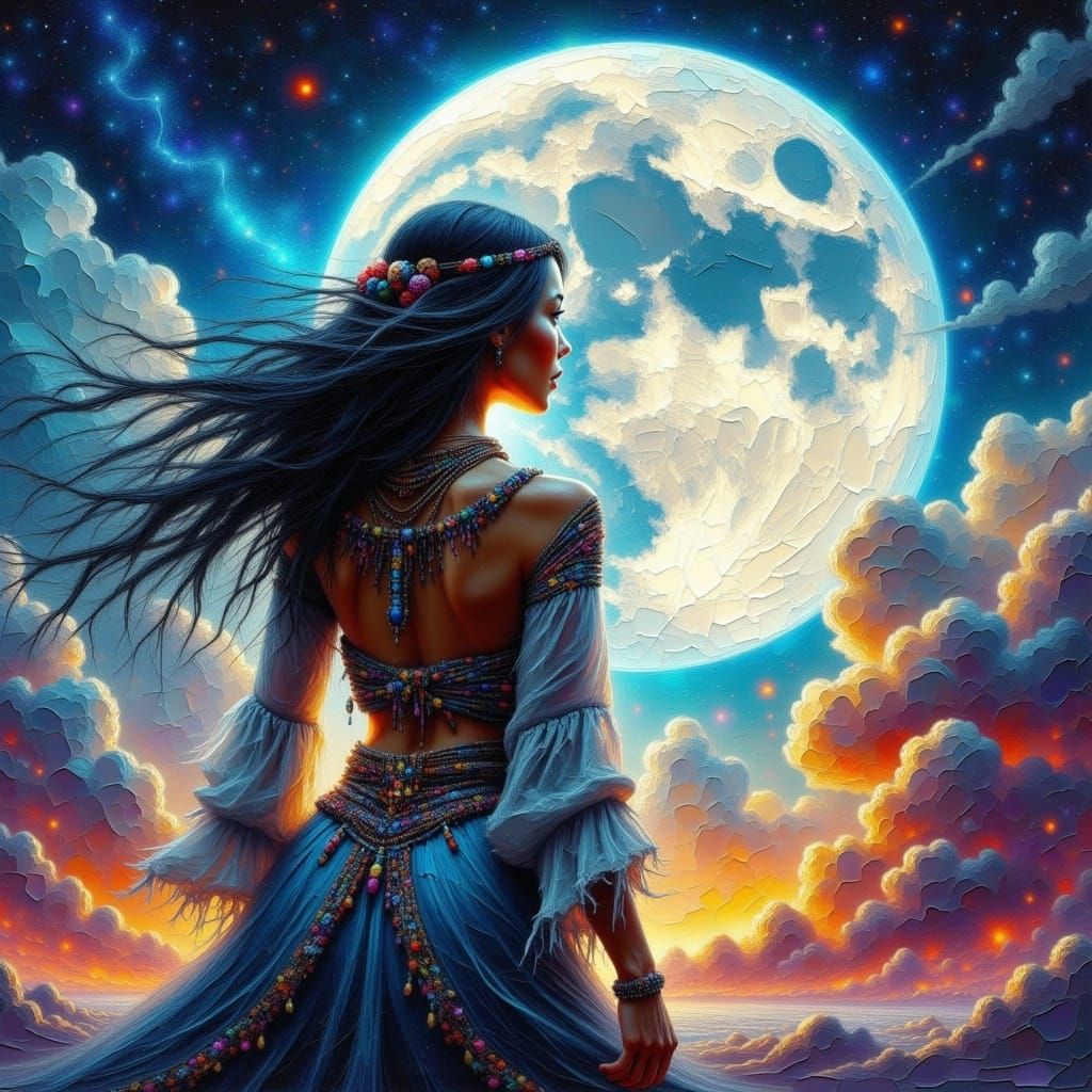 Surreal Moonlit Goddess in Impasto Style