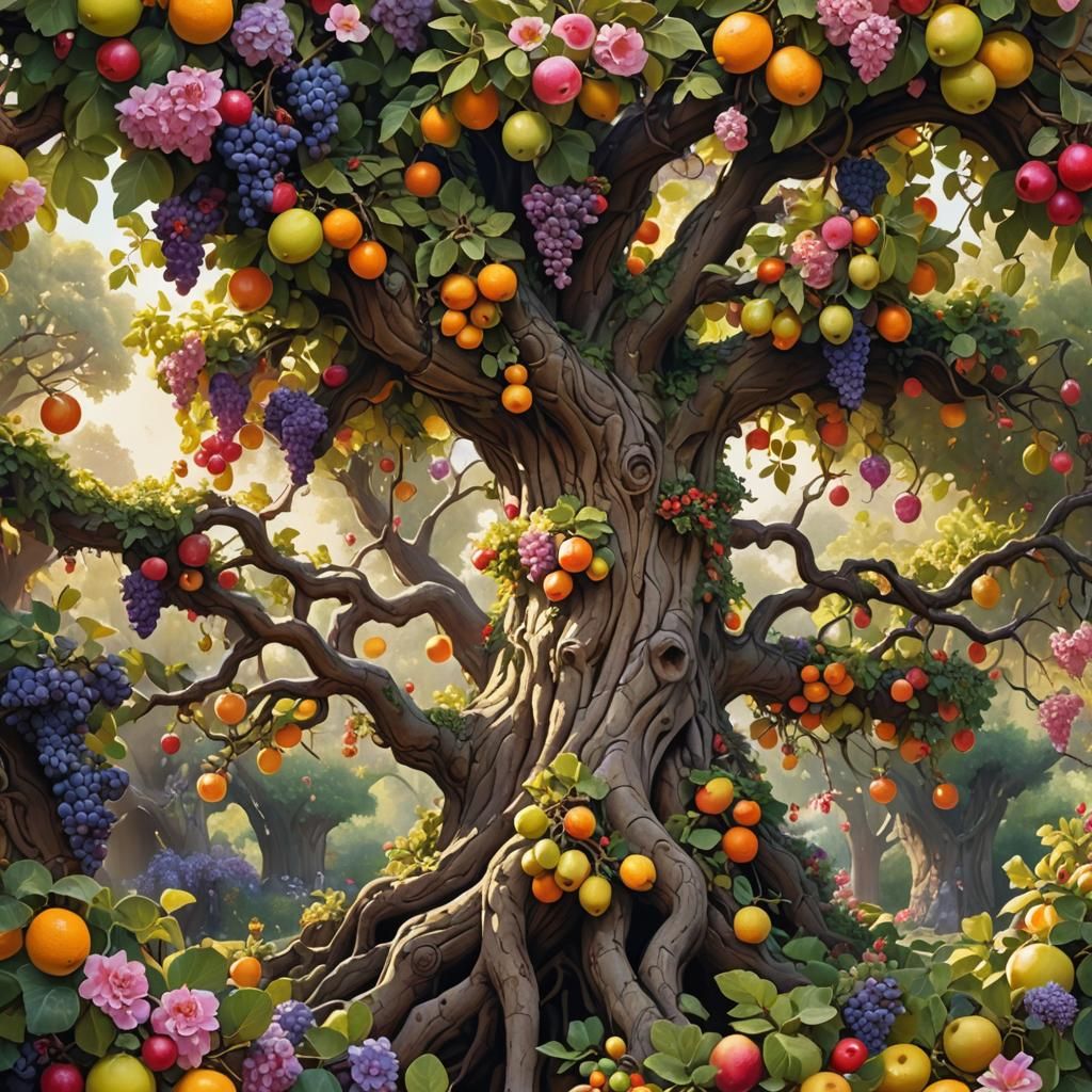 Hyperrealistic Tree of Life with Fruits and Flowers