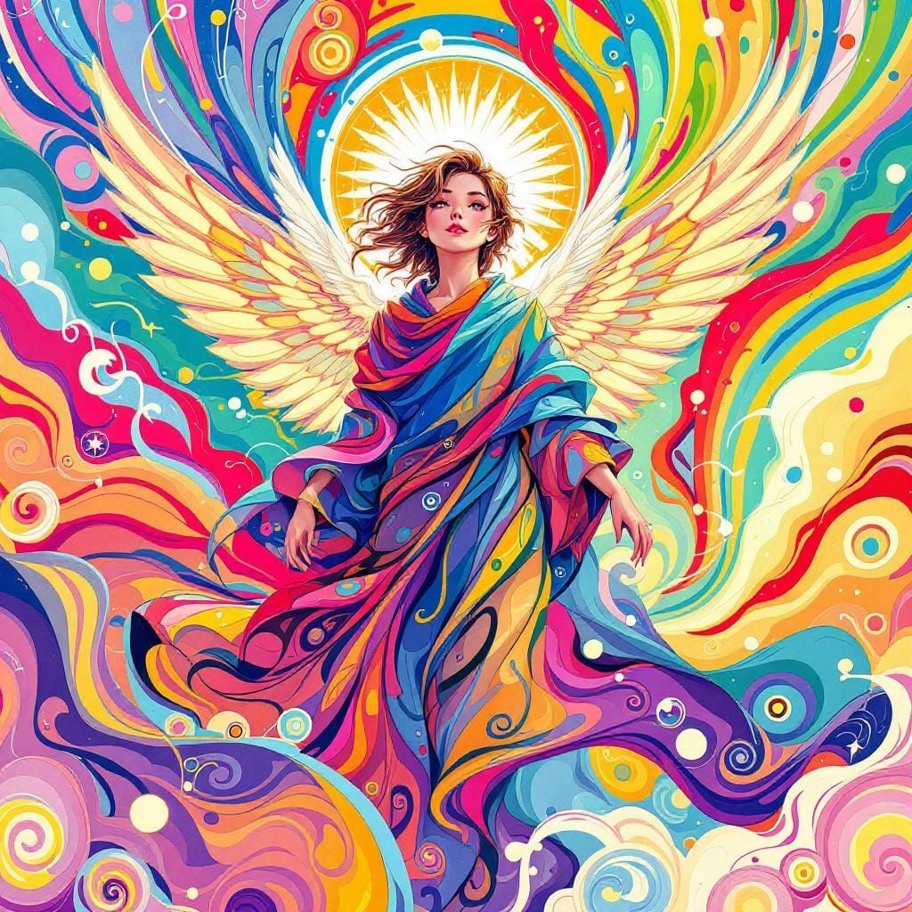 Colorful Angel in Anime Style with Swirling Patterns