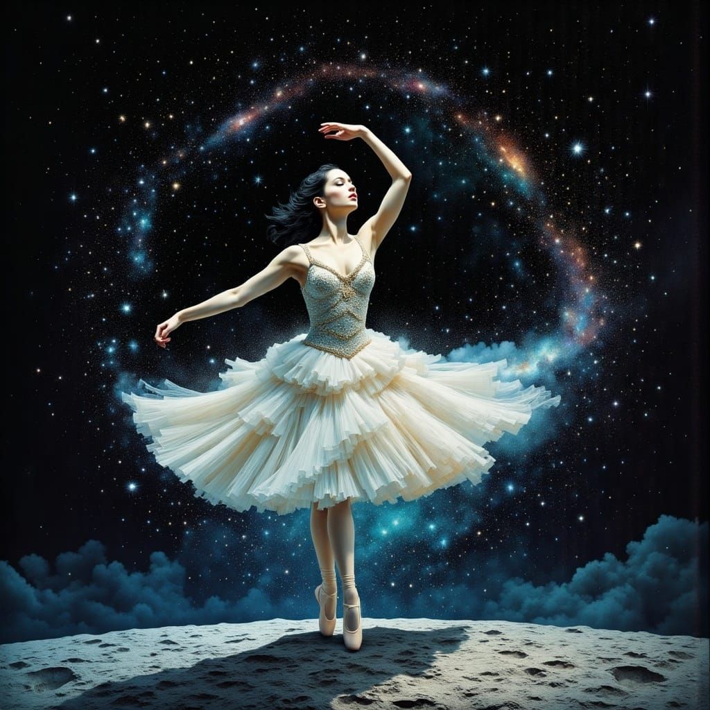 Surreal Ballerina on a Glowing Moon in a Celestial Dance