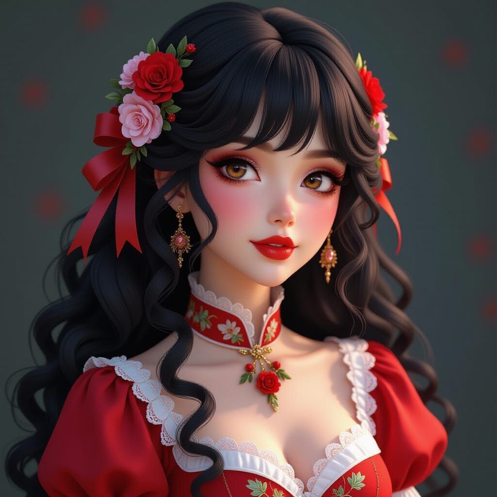 a beautiful woman with long, curly, black hair and a bang, a...