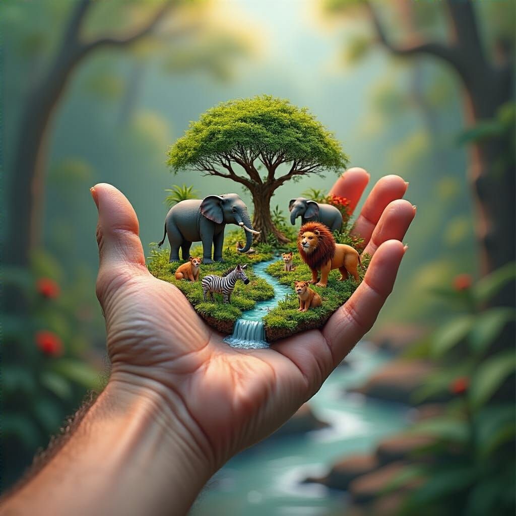 Miniature Jungle Ecosystem on a Hand