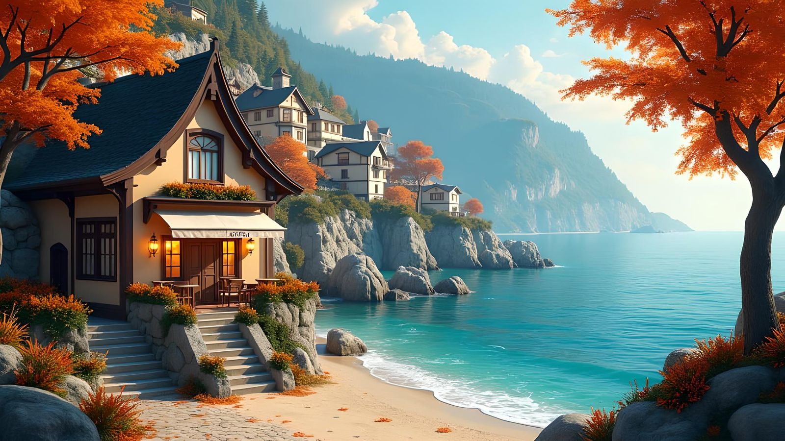 Autumnal Seaside Village in Anime Style 3D
