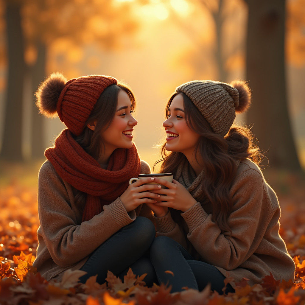 Friends Share Tender Moment in Autumn Park