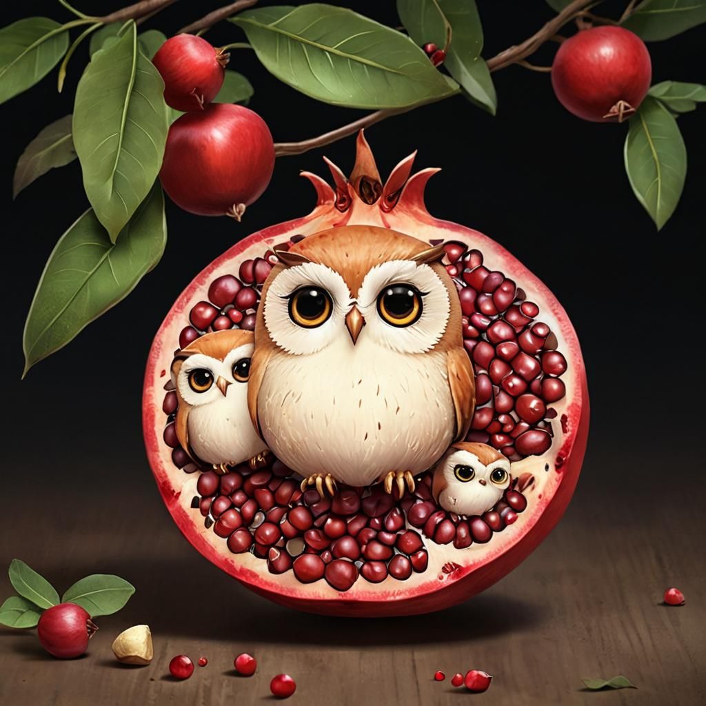 Chibi Owl Pomegranate Seeds in Anime Art Style
