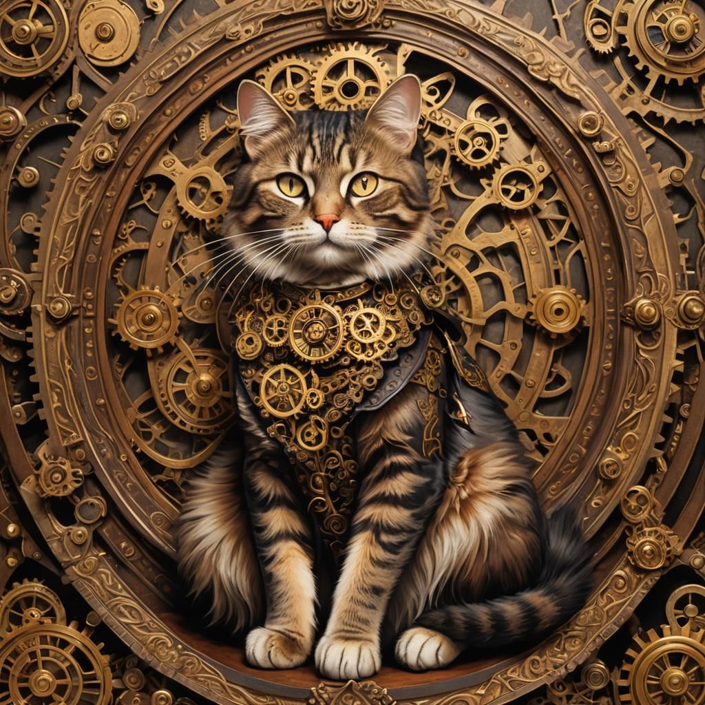 Steampunk Cat with Mona Lisa Smile in Victorian Frame