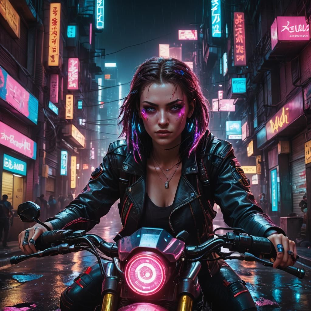 Cyberpunk Girl on Motorbike in Neon City