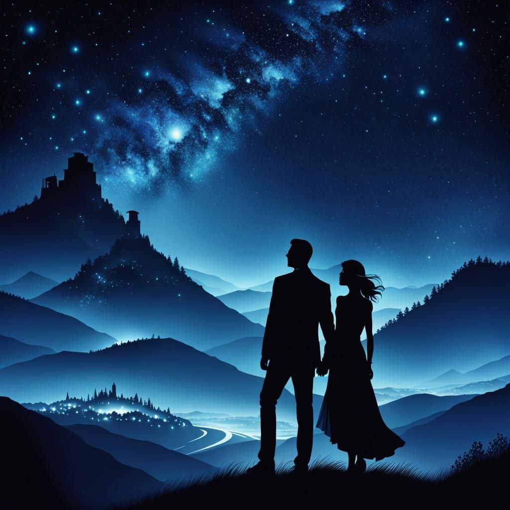 Silhouetted Couple Gazing at Starry Night Sky