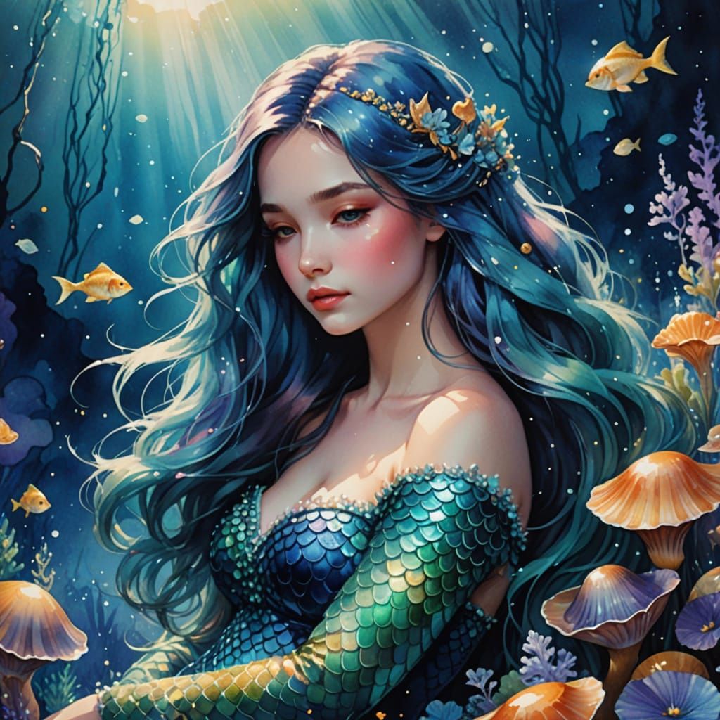 Dreamy Mermaid Slumber in Shimmering Watercolour