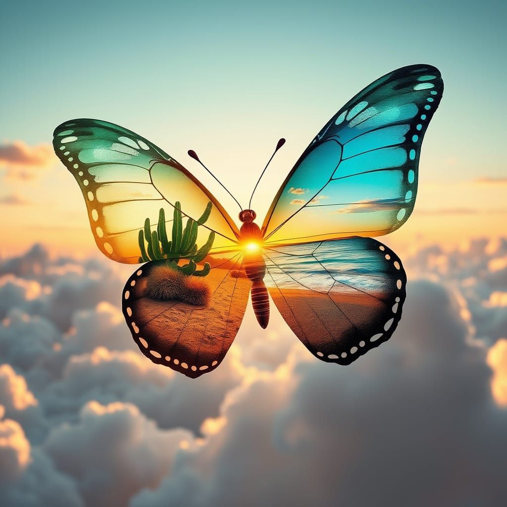 Surreal Sunset Butterfly in Double Exposure Style