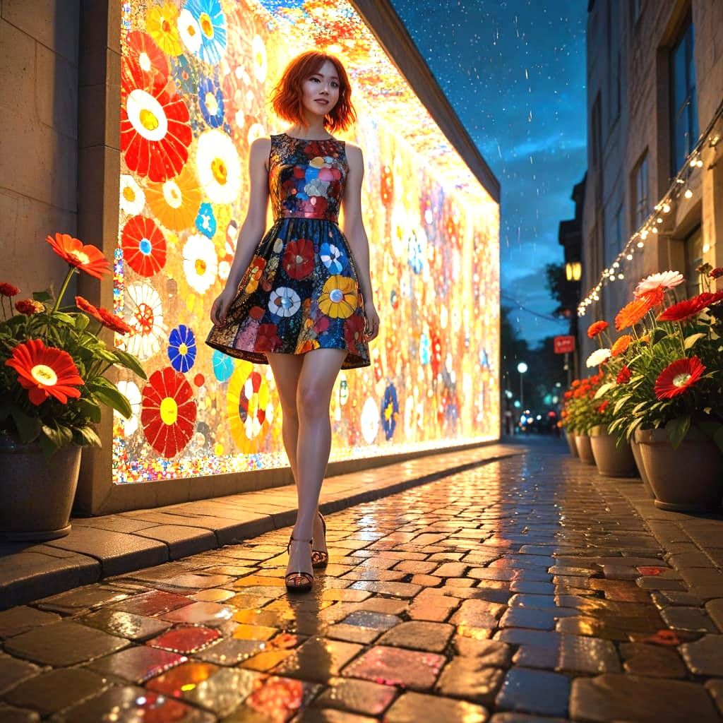Red-Haired Woman on Neon-Lit Street, Pop-Surreal Style