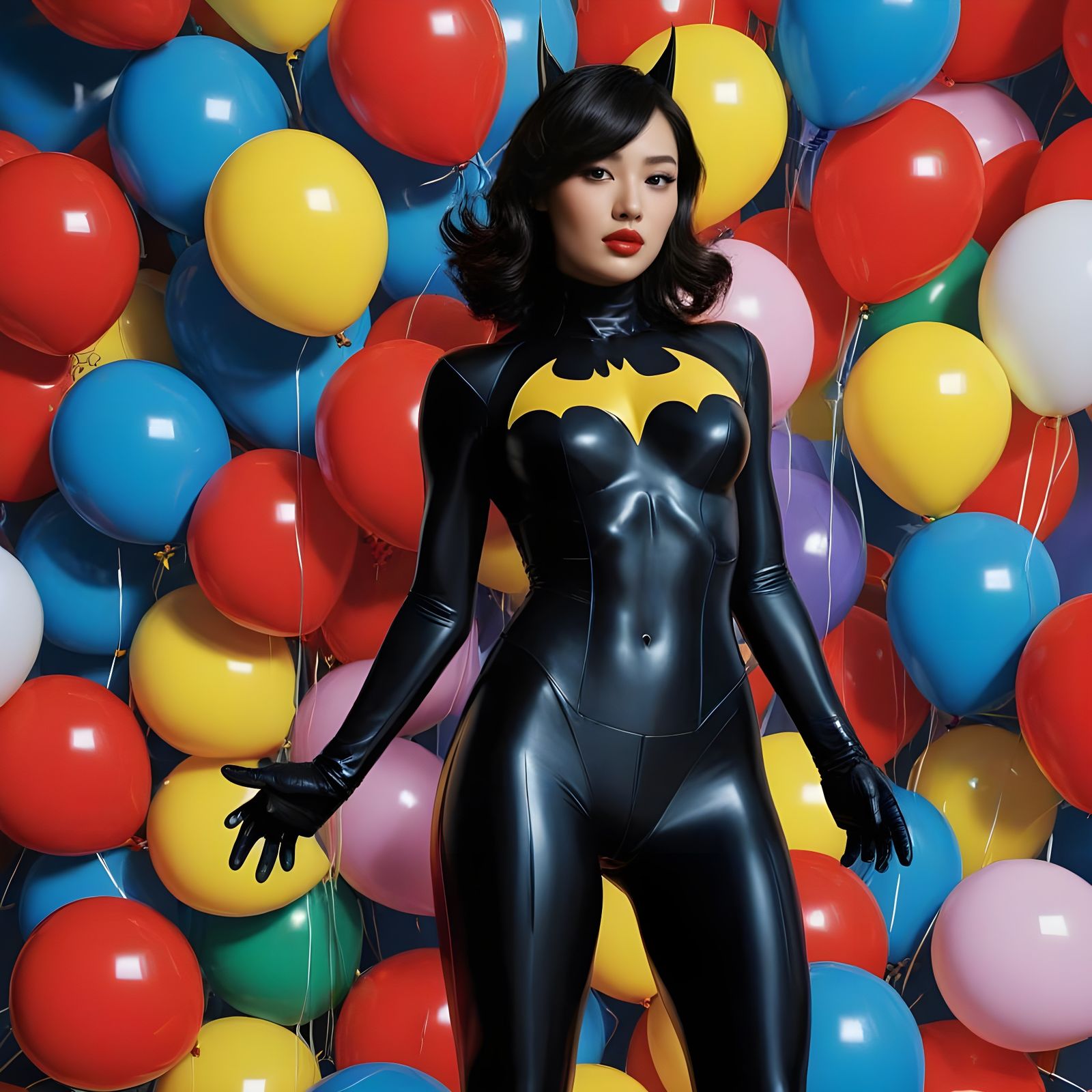 Cyberpunk Goddess in Bat-Suit, Surrounded by Vibrant Balloon...