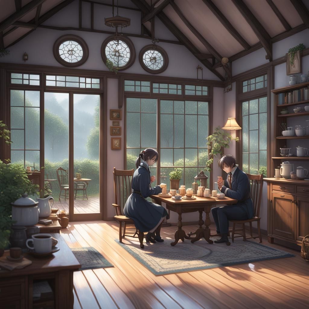 Cozy Cottage: 3D Anime Art of Couple Drinking Coffee