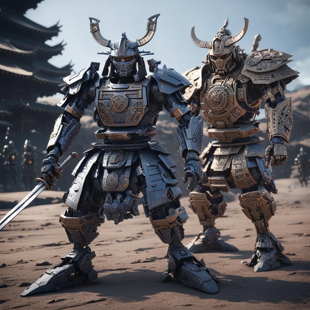Robot Samurai vs Medieval Samurai in Sci-Fi Style